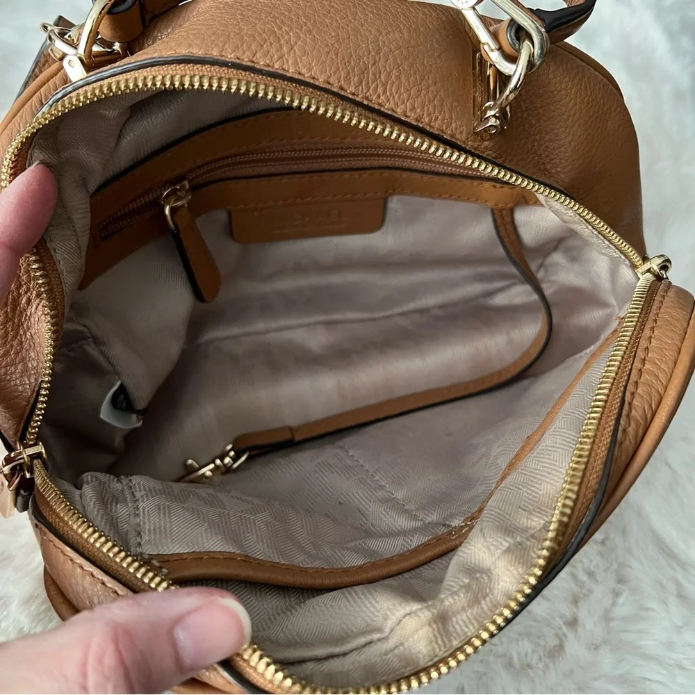MICHAEL KORS Luka Small Satchel in Acorn Brown with top handle and crossbody